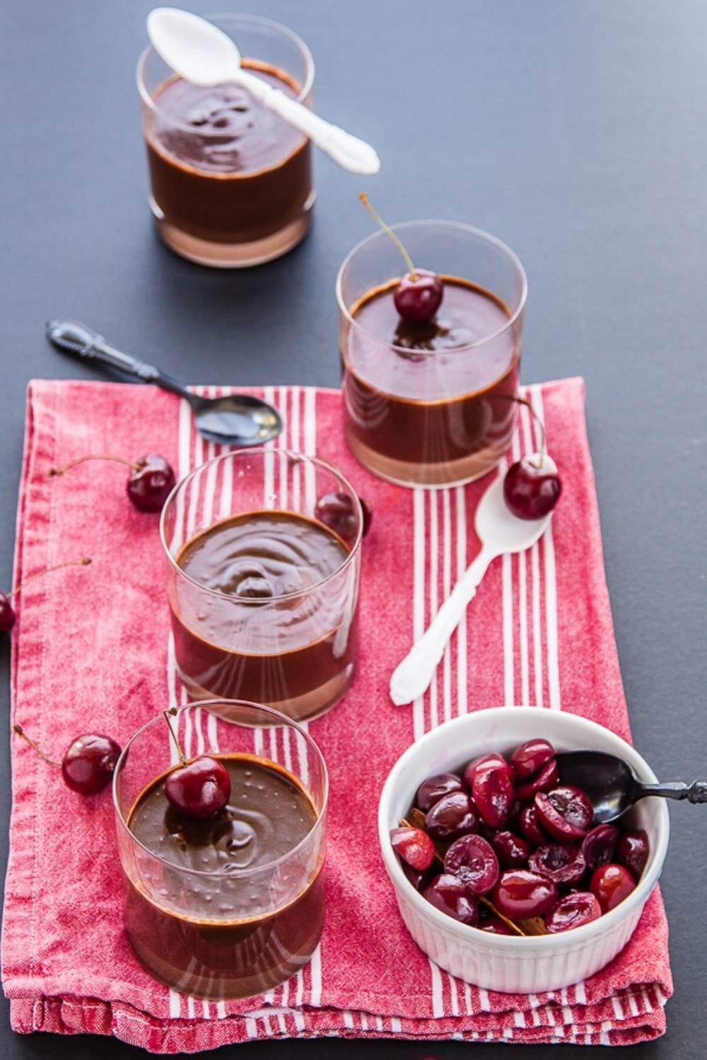 Chocolate pots de creme with red wine poached cherries