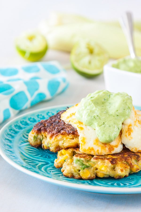 Corn and Avocado Fritters recipe with Avocado Yoghurt Coriander Lime Sauce | deliciouseveryday.com Click for the recipe