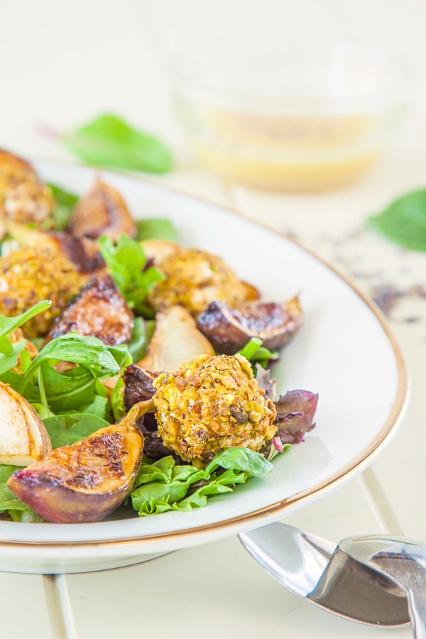 Fig and Pear Salad with Pistachio Crusted Labne and Honey and Lavender Dressing recipe | via @deliciouseveryd DeliciousEveryday.com