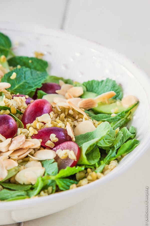 Freekeh Mint Almond and Grape Salad with Lemon Cumin Dressing recipe #vegan | DeliciousEveryday.com