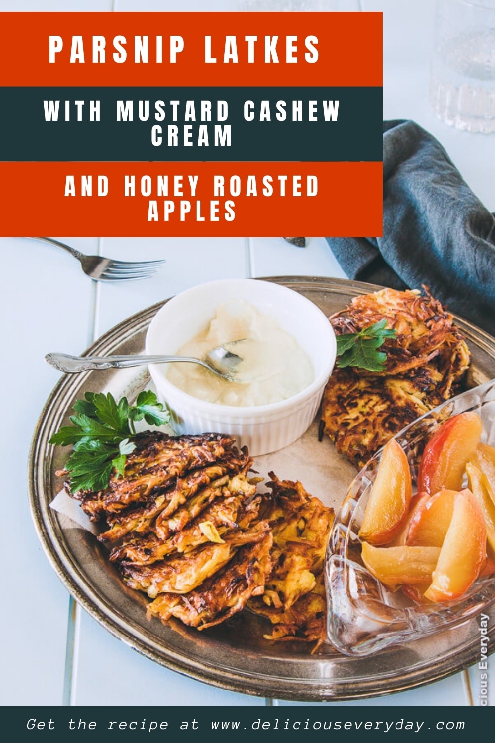 Parsnip latkes with mustard cashew cream and honey roasted apples pin image with recipe title text