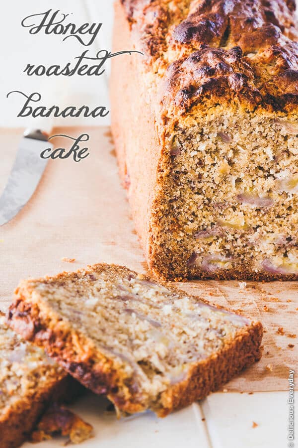 This moist, delicious and dairy free banana bread with honey roasted bananas is what you need to make whenever you have an excess of bananas. | DeliciousEveryday.com