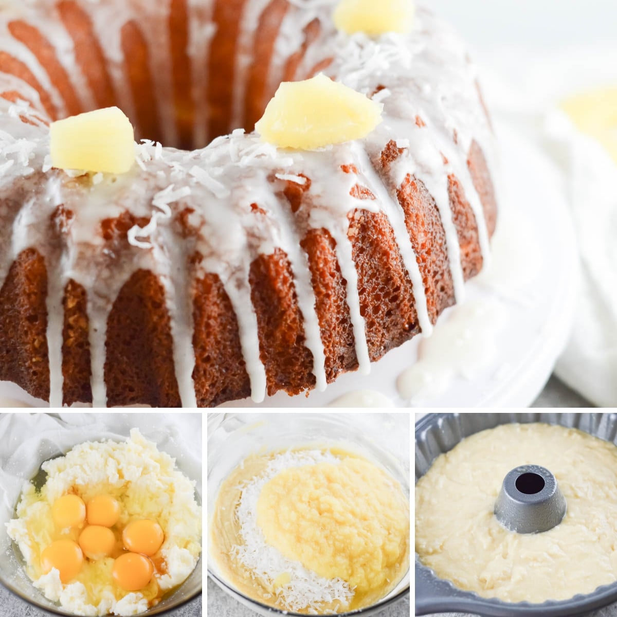 collage of images showing someone cooking a pineapple coconut cake