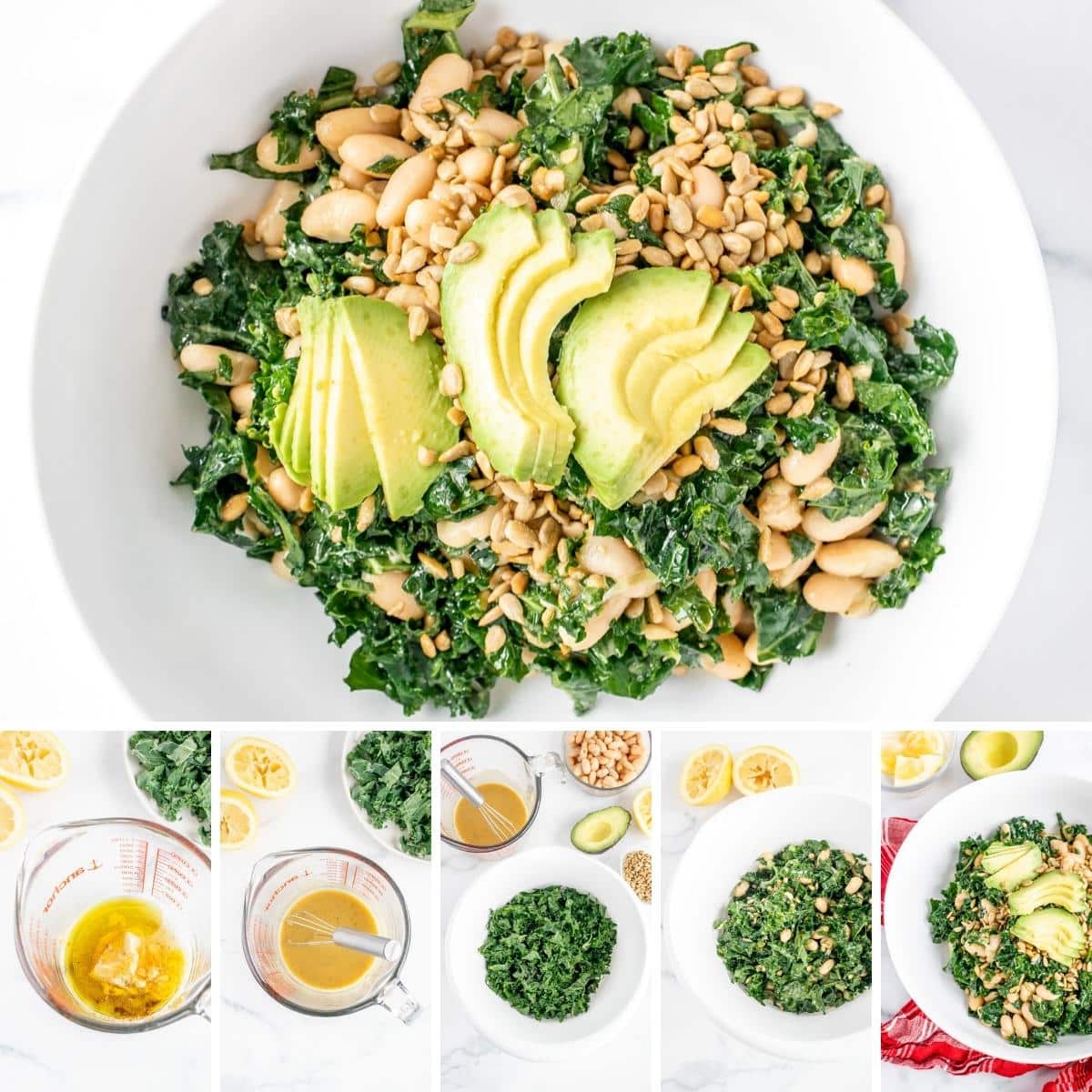 collage showing the process of making white bean and kale salad