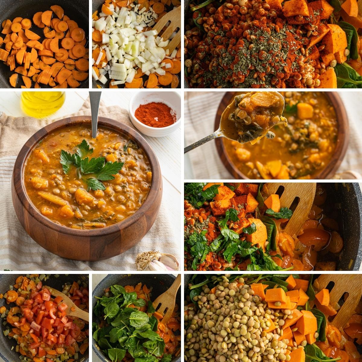 how to make one-pot sweet potato lentil stew collage