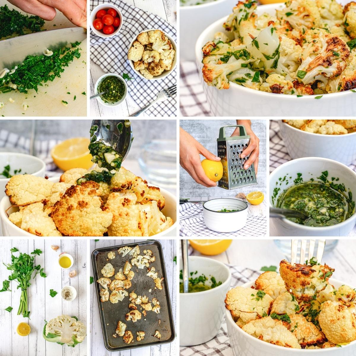 how to make roasted cauliflower with lemon, garlic, and herbs collage