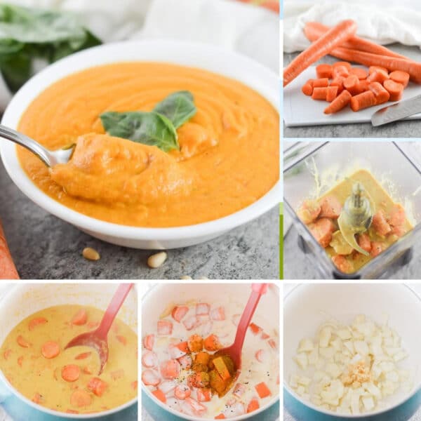 collage of images showing how to make vegan carrot soup