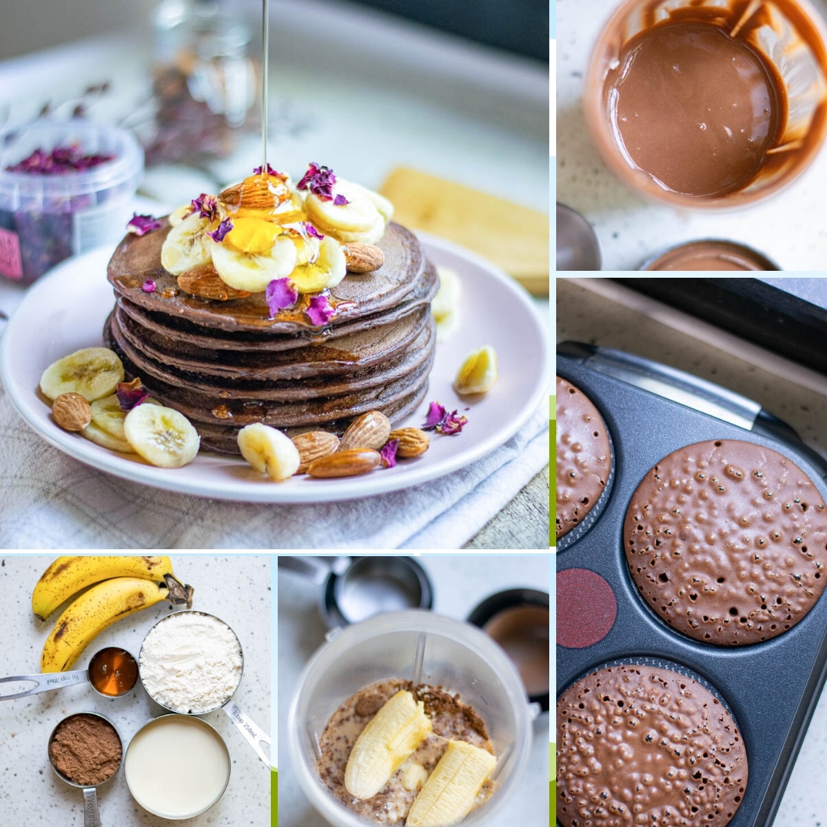 how to make chocolate banana pancakes collage