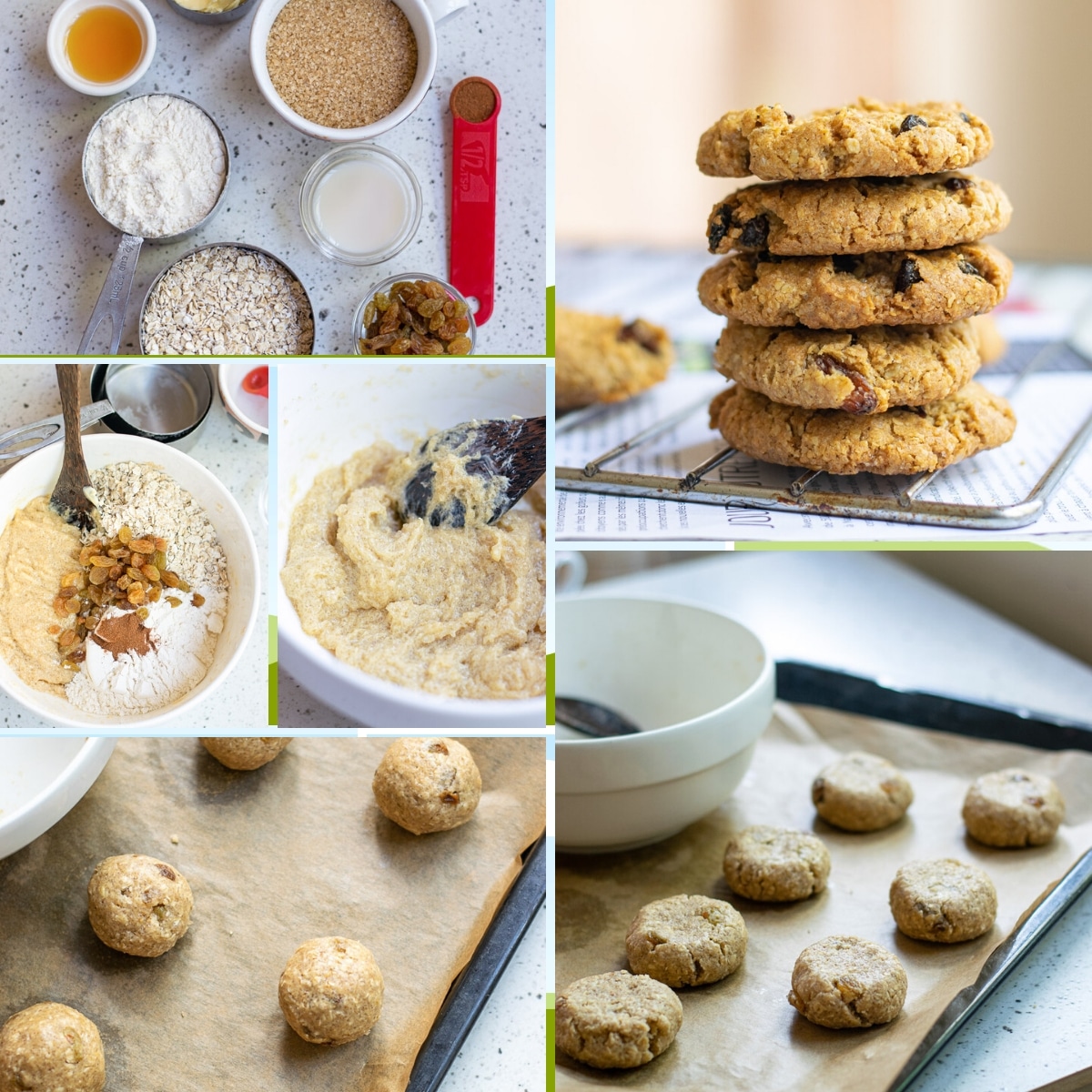 collage of images showing how to make vegan oatmeal raisin cookies