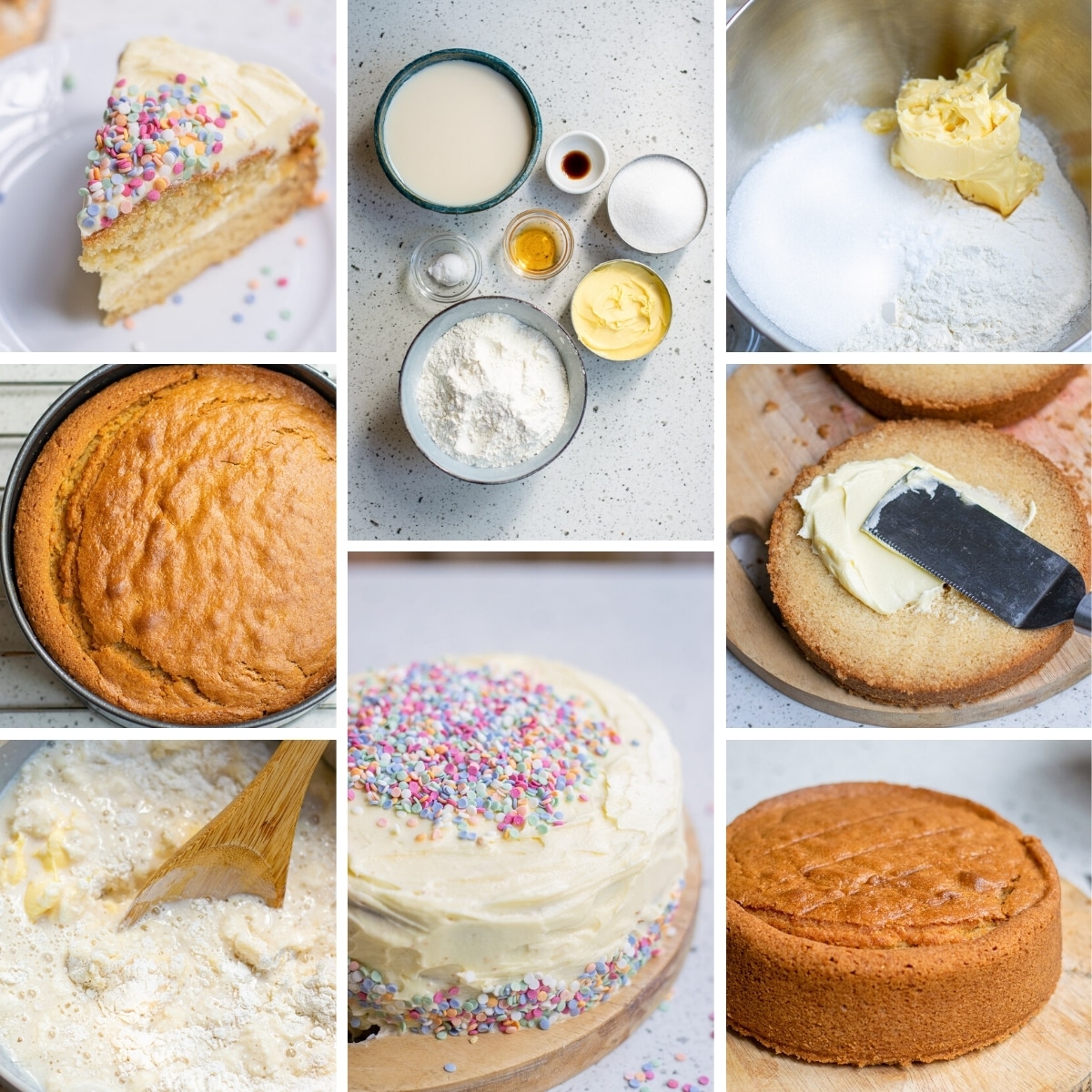 collage of images showing someone cooking a vegan vanilla cake