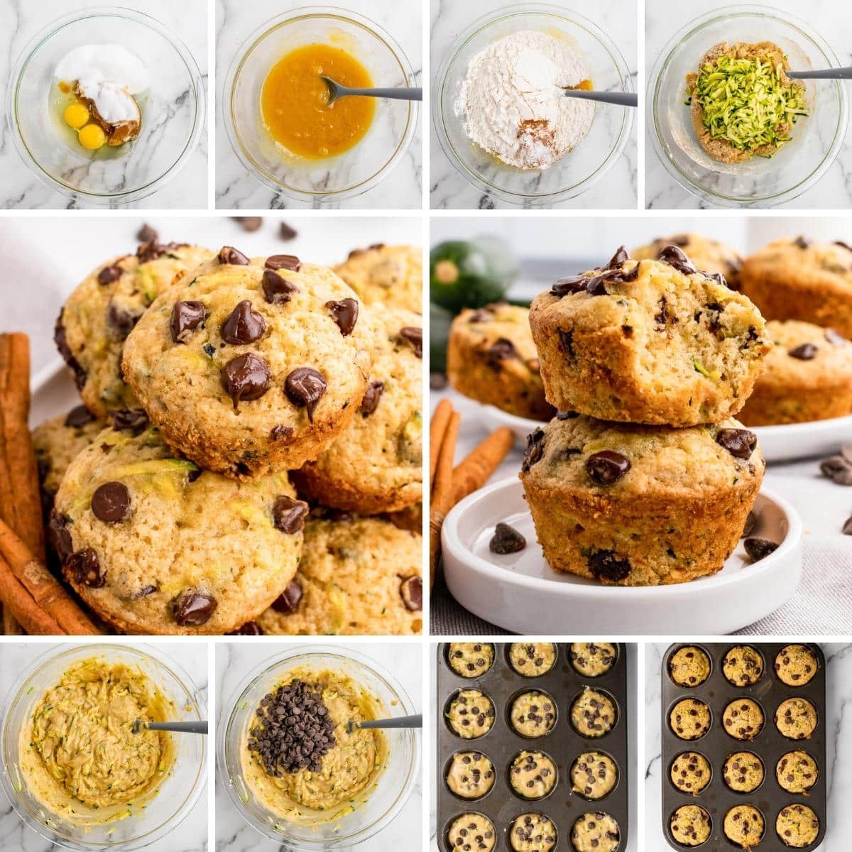 how to make zucchini chocolate chip muffins collage