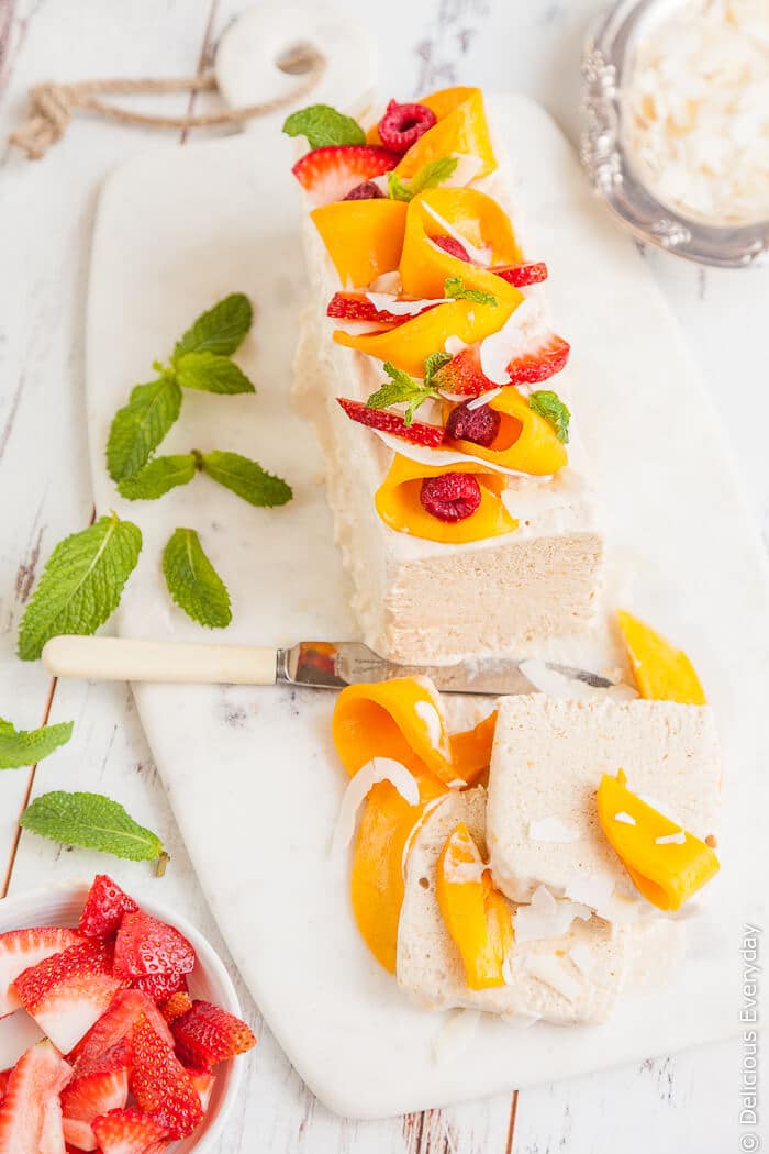 Mango and Coconut Semifreddo Recipe - a beautiful dairy free and refined sugar free summer treat. Get the recipe at deliciouseveryday.com