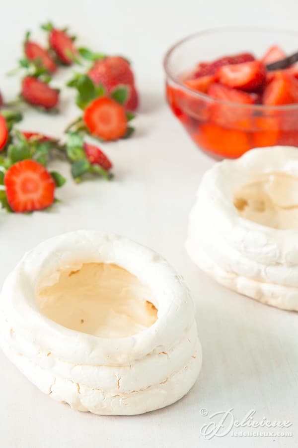 Italian meringue nests with champagne poached strawberries | deliciouseveryday.com