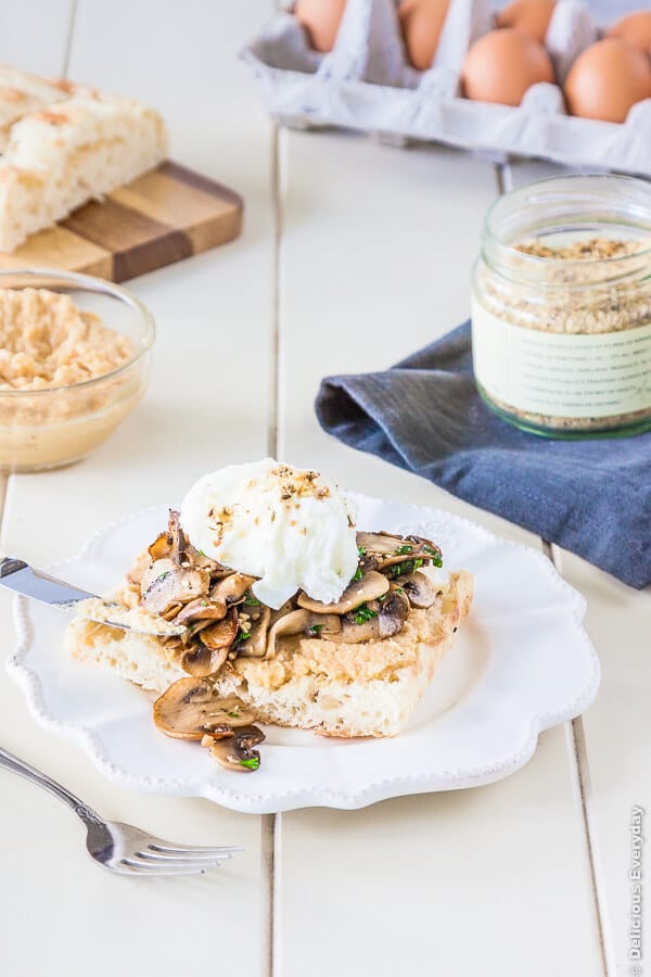 Microwave Poached Eggs with mushrooms hummus and dukkah on toast