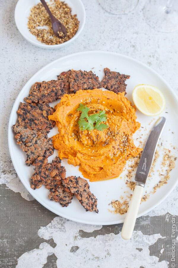 sweet potato hummus served with crackers