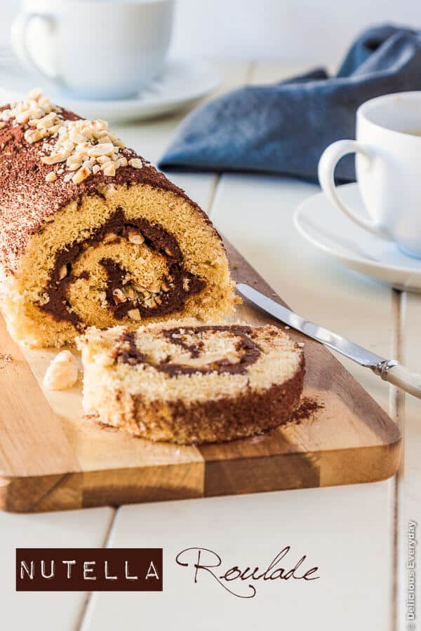 Nutella roulade (swiss roll cake) with toasted hazelnuts recipe | deliciouseveryday.com