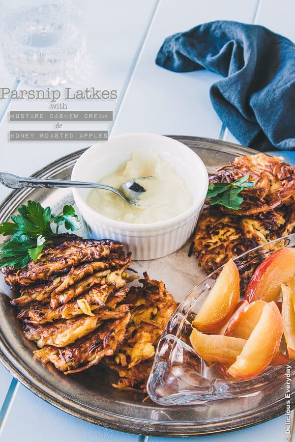 Parsnip Latkes with Mustard Cashew Cream and Honey Roasted Apples recipe {vegetarian, gluten free, dairy free} | deliciouseveryday.com