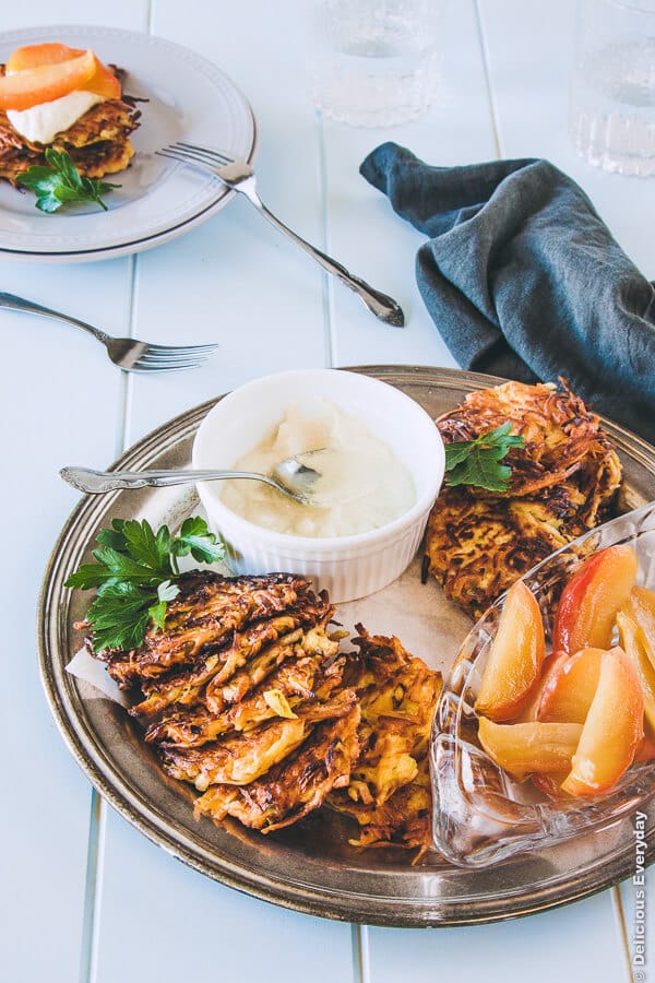 Parsnip Latkes with Mustard Cashew Cream and Honey Roasted Apples recipe {vegetarian, gluten free, dairy free} | deliciouseveryday.com