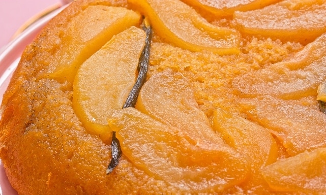 close up of Pear Vanilla Upside Down Cake