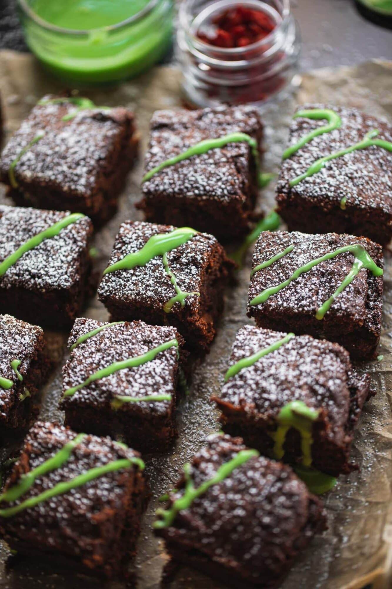 mint brownies drizzled with green peppermint icing