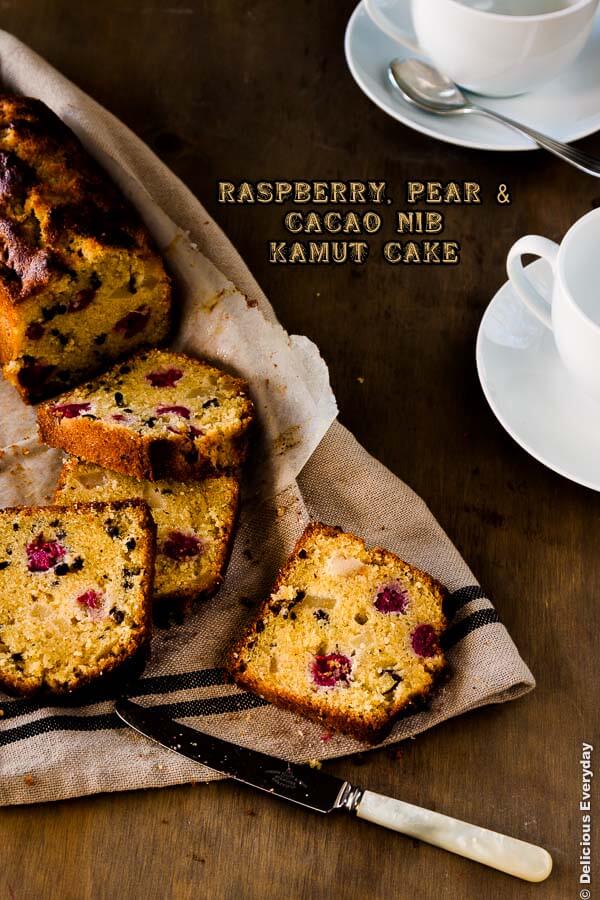 Raspberry Pear and Cacao Nib Kamut Cake | DeliciousEveryday.com