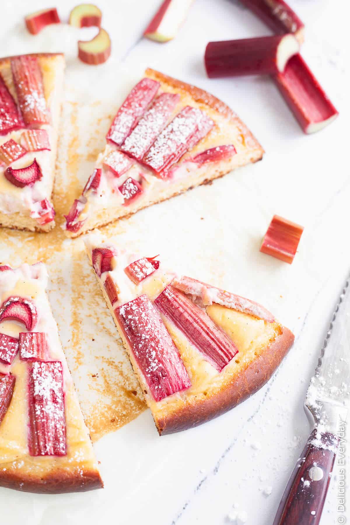 Rhubarb & Custard Brioche {dairy free} recipe - Sharp sweet tender pink rhubarb sits atop a thick vanilla bean custard and a brioche base for the most decadent way to kickstart a weekend brunch! | click for the recipe