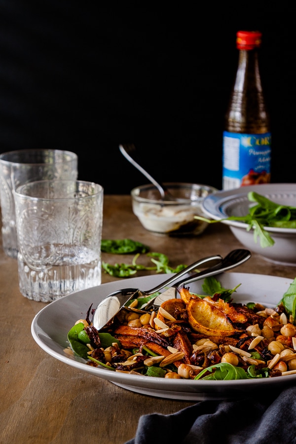 Roasted Moroccan Carrot Salad with Chickpeas Recipe - this fantastic vegetarian salad is packed full of spices and hearty and satisfying enough to feed a crowd | Get the recipe at deliciouseveryday.com