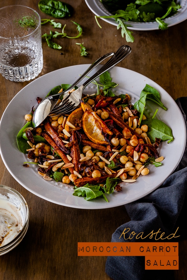 Roasted Moroccan Carrot Salad with Chickpeas Recipe - this fantastic vegetarian salad is packed full of spices and hearty and satisfying enough to feed a crowd | Get the recipe at deliciouseveryday.com