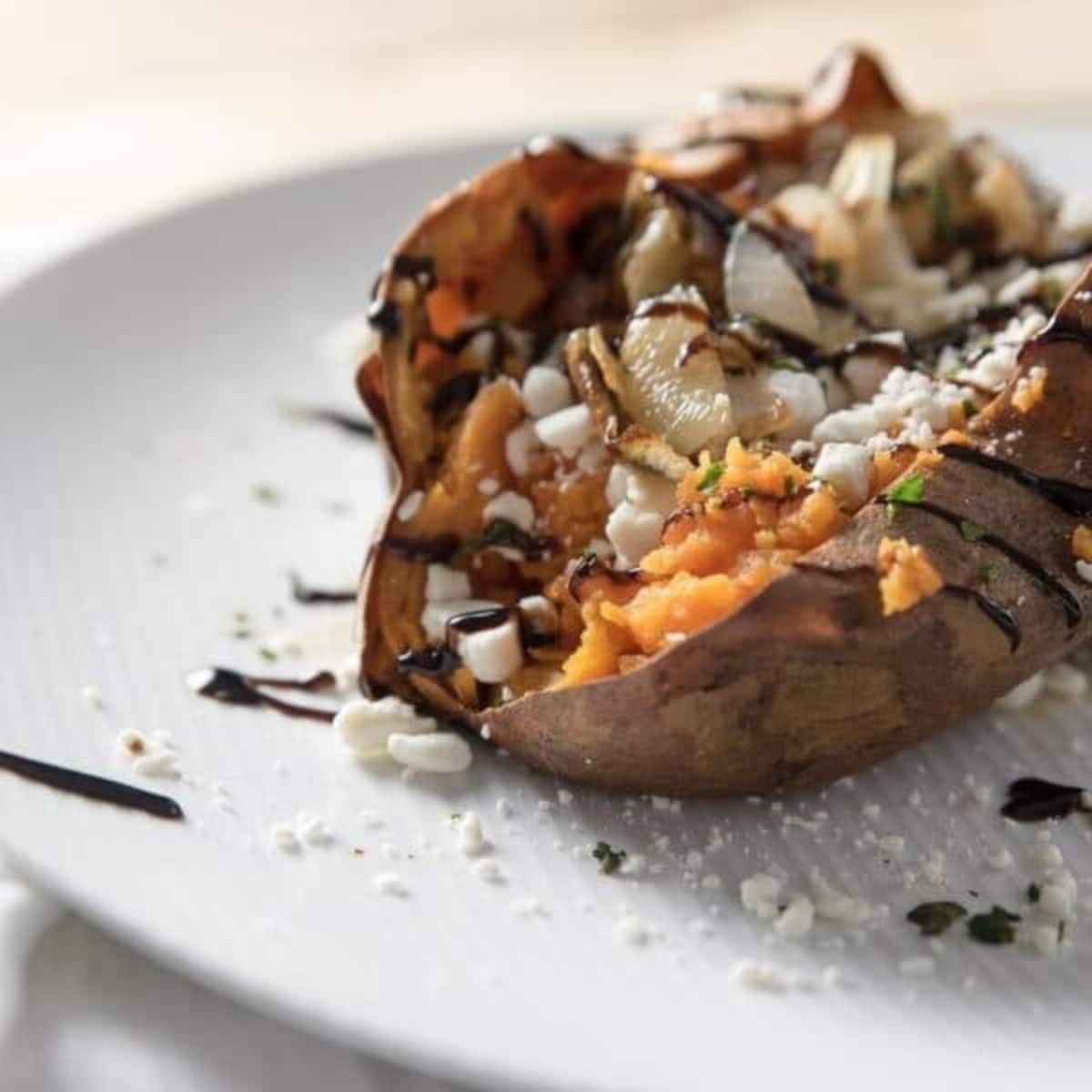 Spiralizer Sweet Potato with Goat Cheese, Caramelized Onion and Pine Nuts -  A Pinch of Healthy