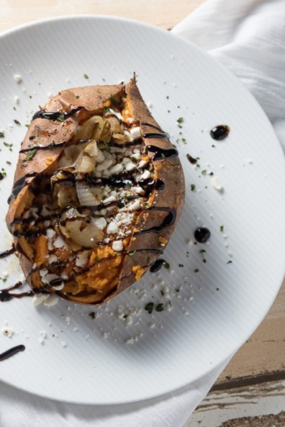 Spiralizer Sweet Potato with Goat Cheese, Caramelized Onion and Pine Nuts -  A Pinch of Healthy