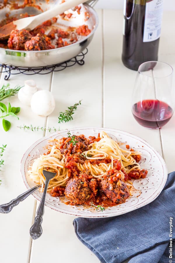 Spaghetti and Meatballs gets a vegetarian make over with plump delicious mushroom and quinoa vegetarian meatballs in a rich tomato sauce | Click for the recipe