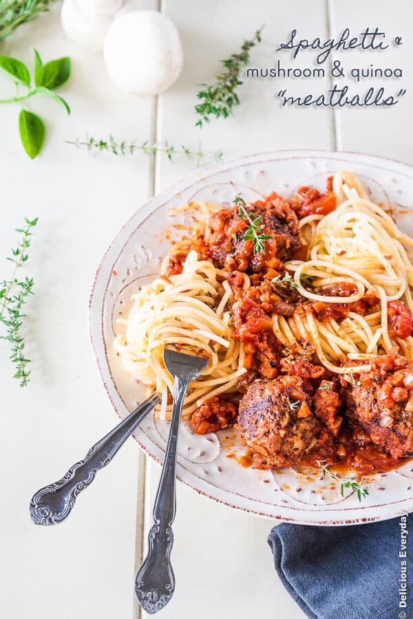 vegetarian meatballs with spaghetti on a white plate