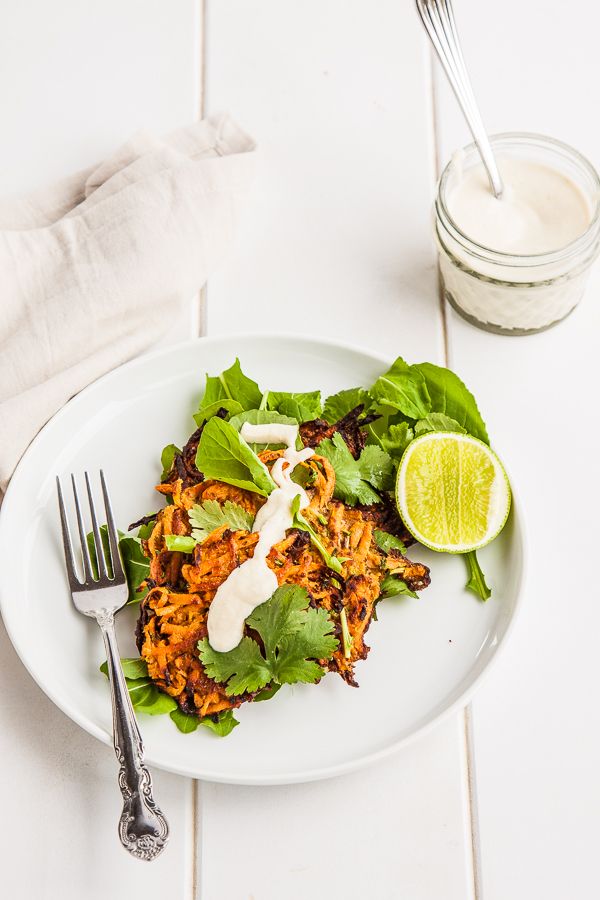 Sweet Potato Fritters with Lime Cashew Cream {gluten free + dairy free}| DeliciousEveryday.com
