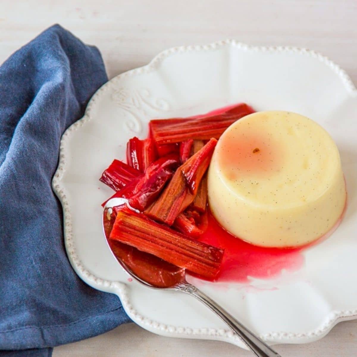 Vanilla Panna Cotta (gelatine free) with Elderflower Roasted Rhubarb