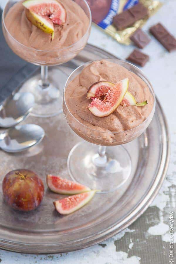 vegan chocolate mousse being served with figs