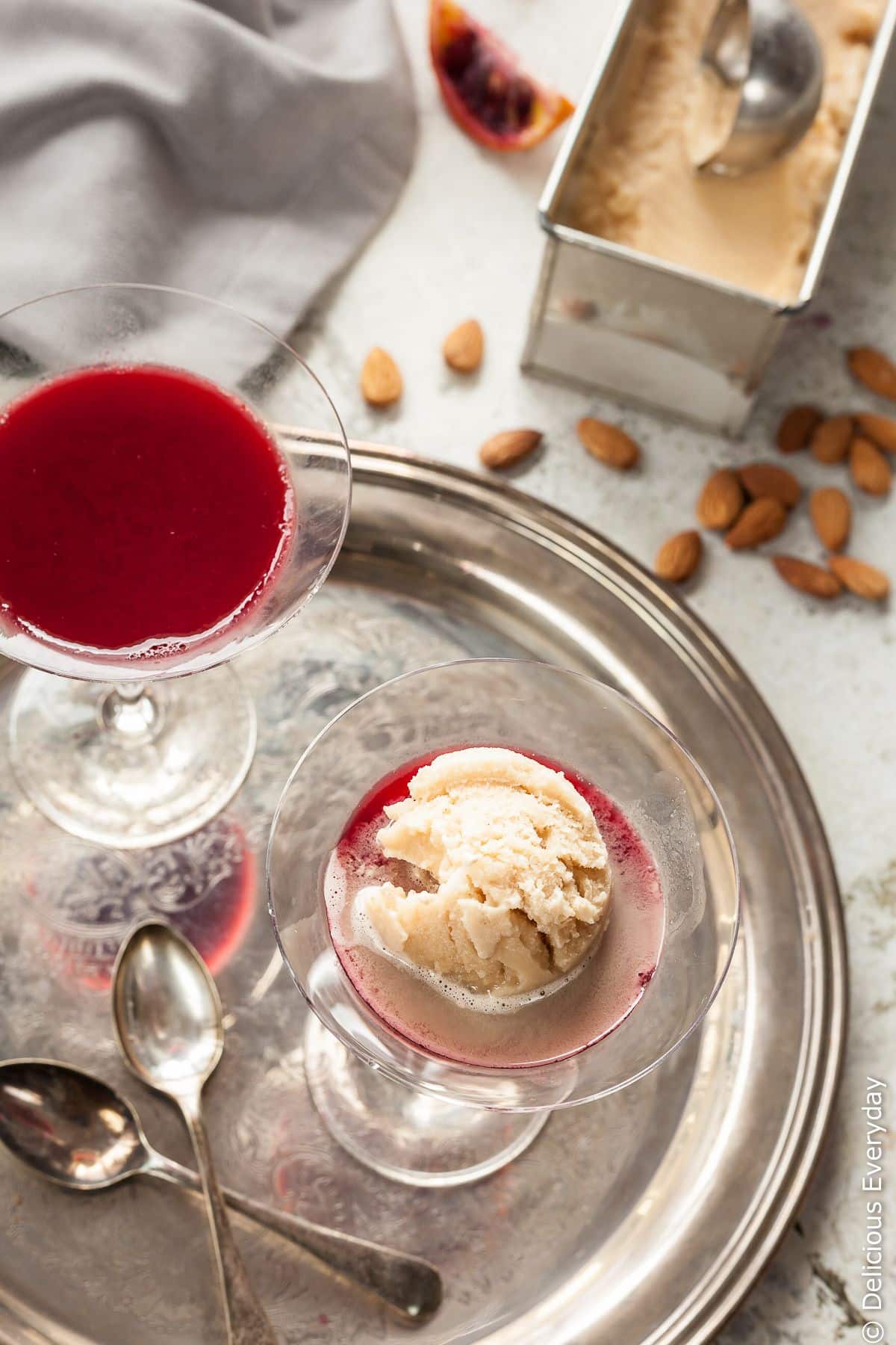 Naturally, sweetened blood orange jelly is topped with a toasted almond milk sorbet in a decidedly adult take on the childhood favourite, ice cream and jelly. | Click for the recipe