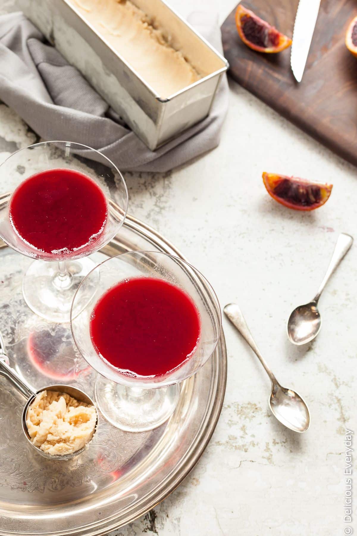 Naturally, sweetened blood orange vegan jelly is topped with a toasted almond milk sorbet in a decidedly adult take on the childhood favourite, ice cream and jelly. | Click for the recipe