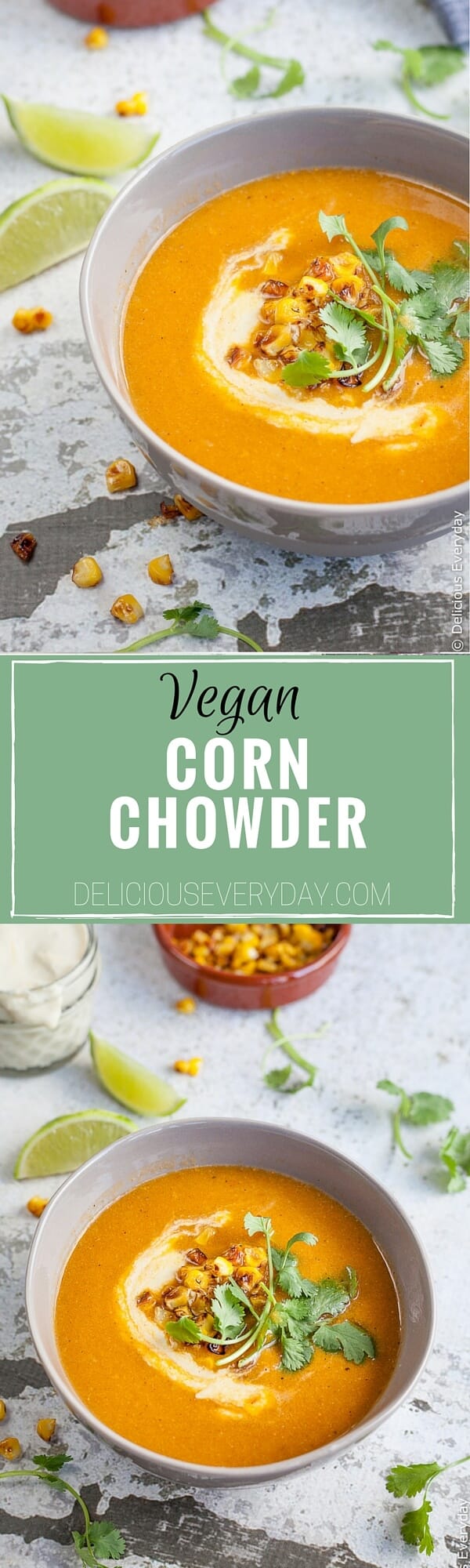 Quick simple and comforting this Vegan Corn Chowder is creamy without all the fat and packed full of veggies for a delicious and satisfying meal. | Click for the recipe