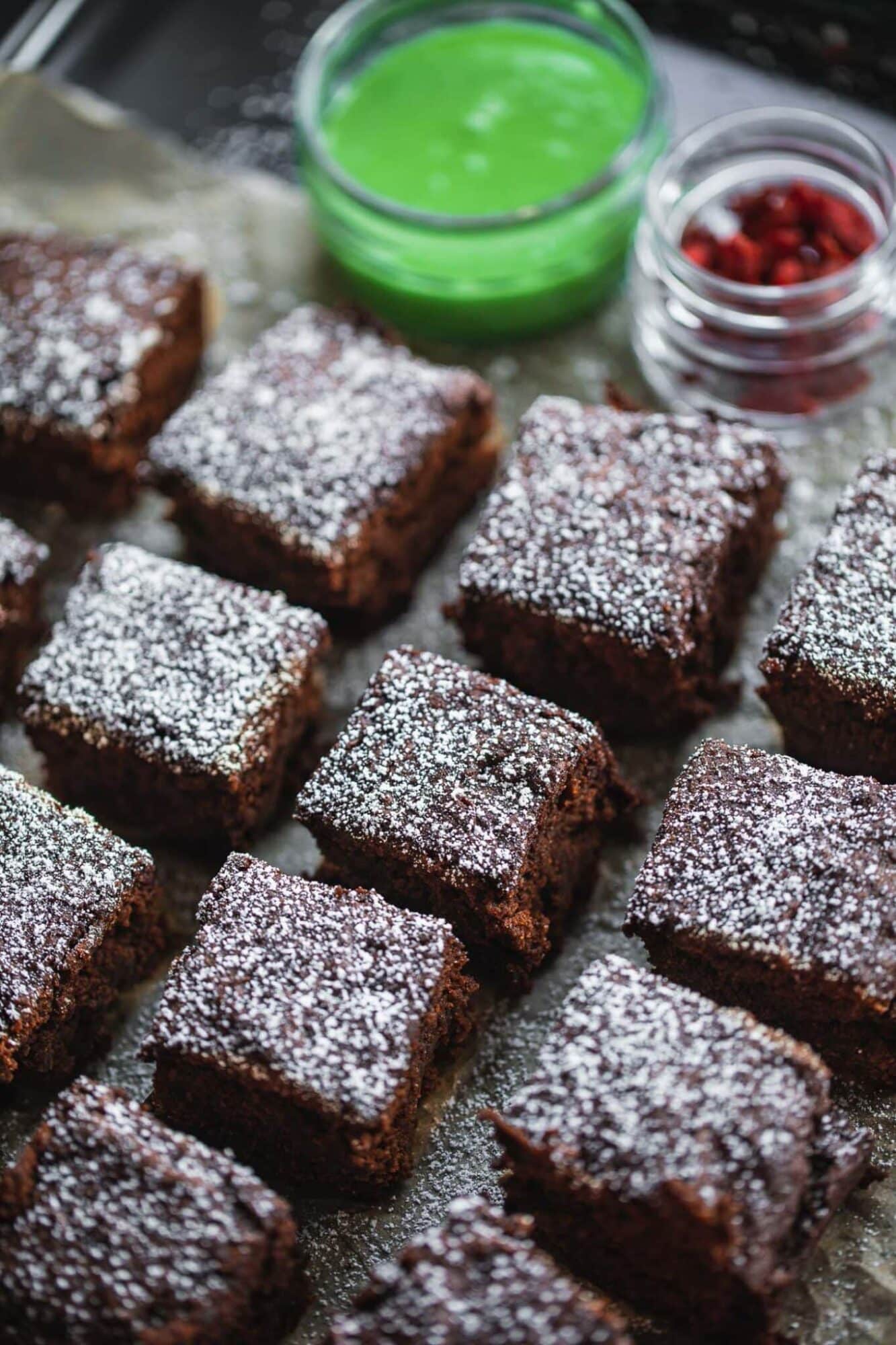 mint brownies with powdered sugar
