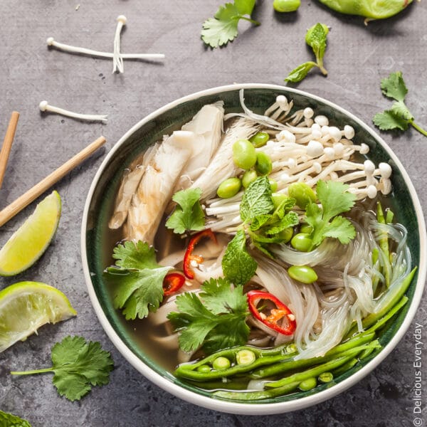 vegan pho in a serving bowl