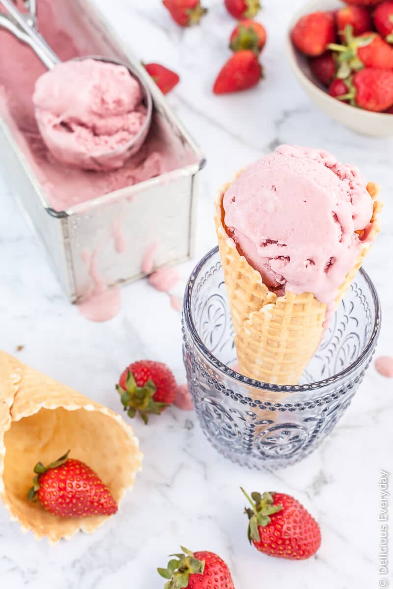 This vegan strawberry ice cream contains no bananas, no coconut and it is so creamy and delicious you’d never know its dairy free.