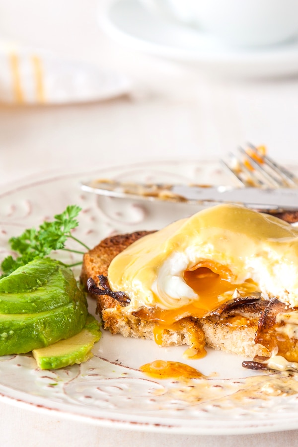 Vegetarian Eggs Benedict with Avocado Hollandaise and mushroom bacon recipe | deliciouseveryday.com Click for the recipe