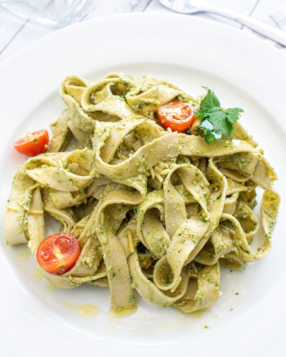 vegan avocado spinach pasta on plate