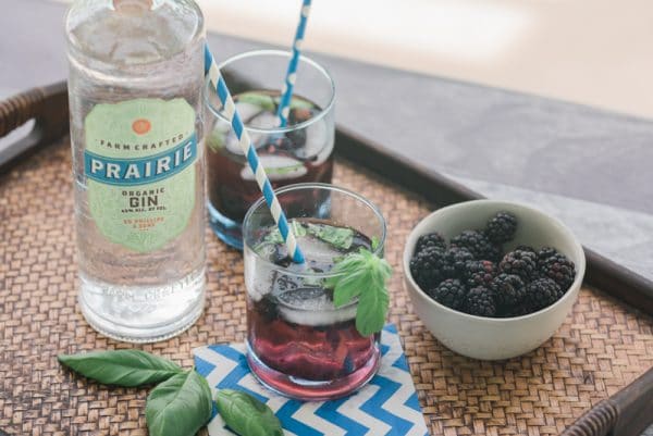 gin cocktail being served with blackberries