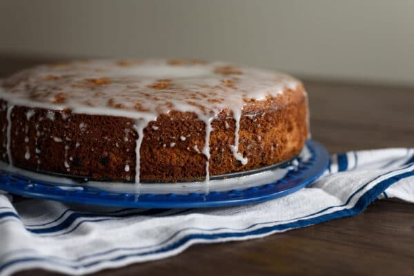 blueberry lemon yogurt cake with a lemon glaze poured over top