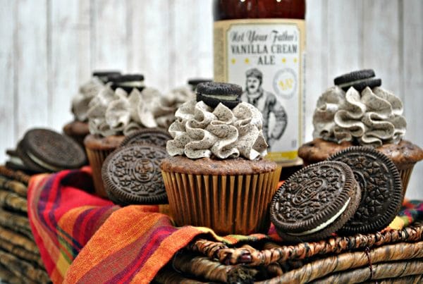 boozy oreo cupcakes and bottle of vanlla ale