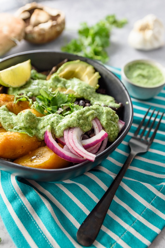 veggie buddha bowl with fork and black serving dish