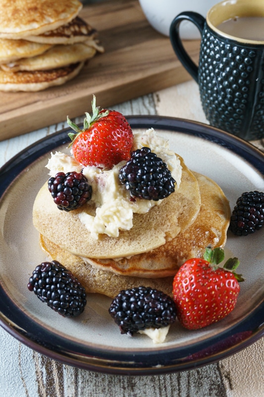 chai spiced pancakes topped with vanilla mascarpone and berries