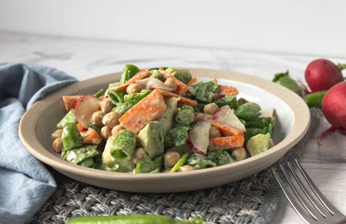 vegan chickpea avocado salad in a bowl