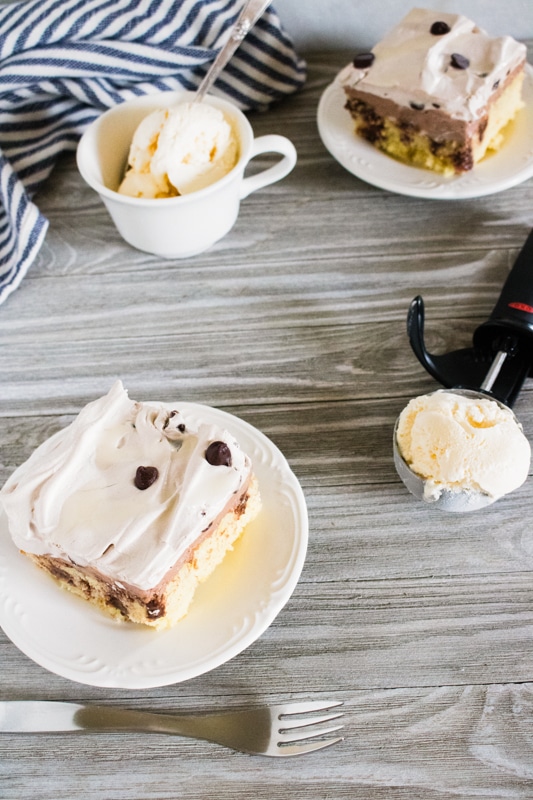 table spread with triple chocolate cake and ice cream on serving dishes